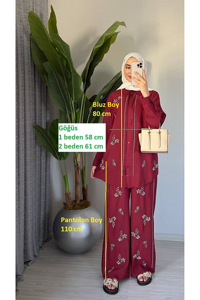 Molly Nelly Women's Flower and Stone Embroidered Design Shirt Pants Suit