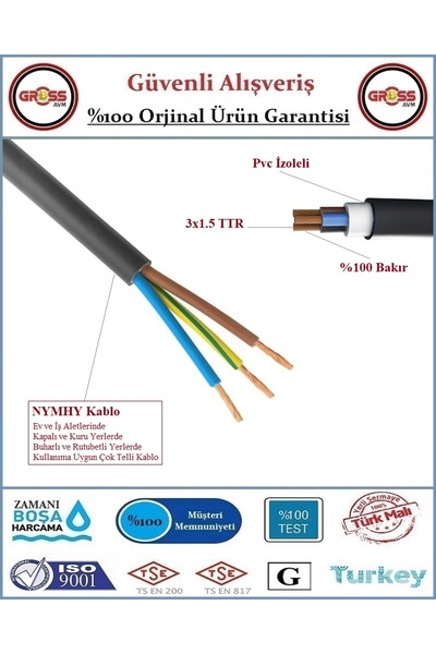 ÖZNUR 3x1.5 Nymhy Ttr Siyah Elektrik Uzatma Ara Kablosu - 4 Metre