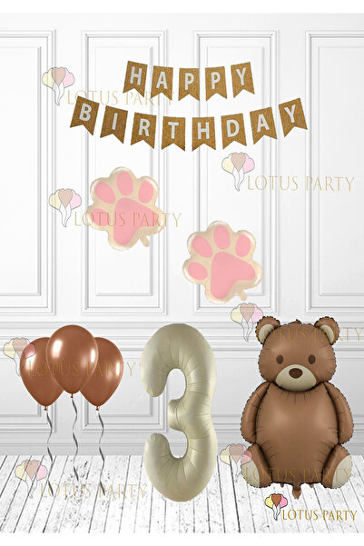 LOTUS PARTY Pink Color Paw - Retro Bear Foil Balloon - Retro Birthday Set - Kraft Happy Writing Age 3