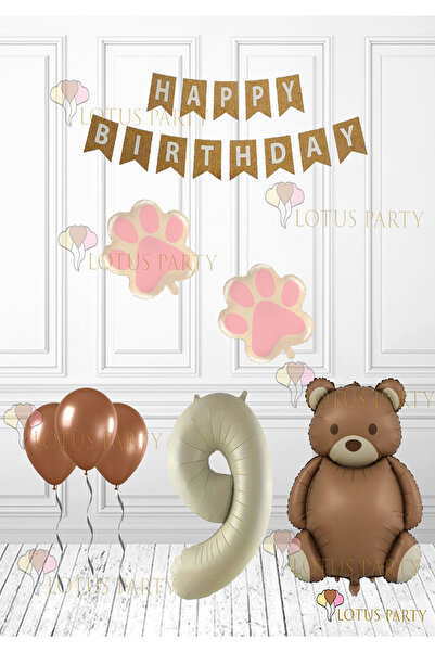 LOTUS PARTY Pink Color Paw - Retro Bear Foil Balloon - Retro Birthday Set - Kraft Happy Writing Age 9
