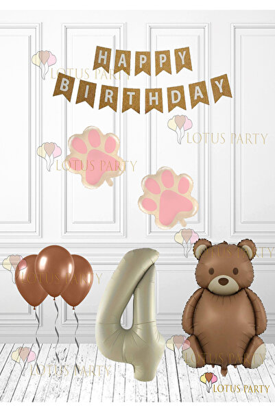 LOTUS PARTY Pink Color Paw - Retro Bear Foil Balloon - Retro Birthday Set - Kraft Happy Writing Age 4