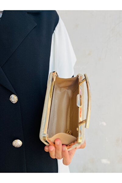 Baykuş Boutique Women's Gold Glittery Grip Detailed Evening Dress Bag