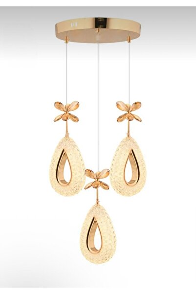 Lüxev Lighting Yağmur Model 3'lü Gold 3 Renk Modu Ledli Kristal Taşlı Modern ...
