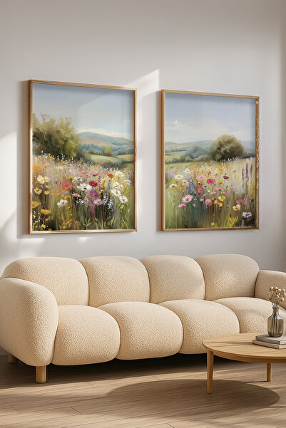 STARYUNA Ahşap çerçeveli Çiçekli Kır Manzarası Yağlıboya Efektli İkili Boho T...