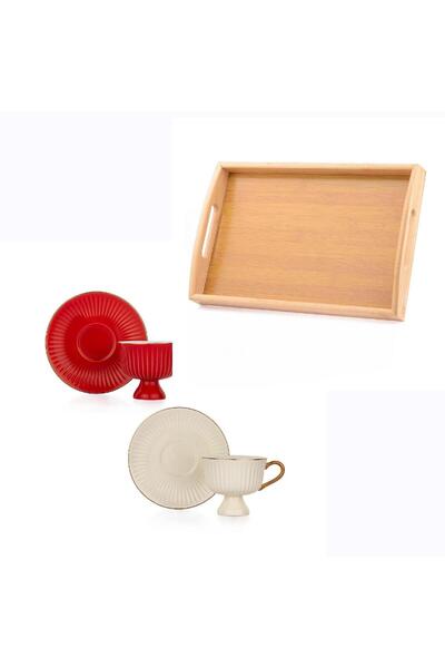 Altabi Coffee Cup Set for 2 People Porcelain Double Color and Bamboo Serving Tray