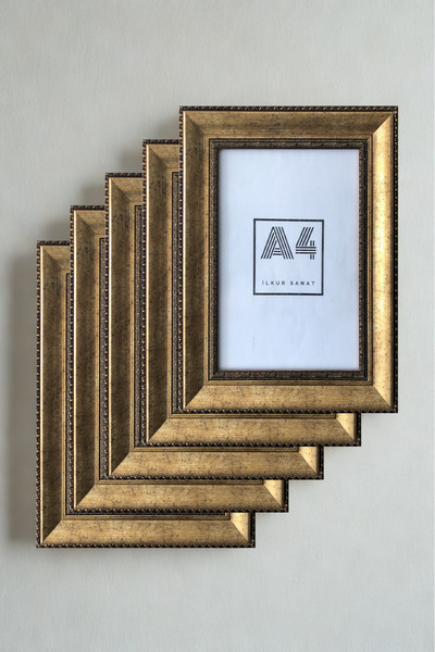 ilkur A4 Boyutunda (21X30) 2mm Mat Camlı Eskitme Altın Desenli Çerçeve Beş Adet