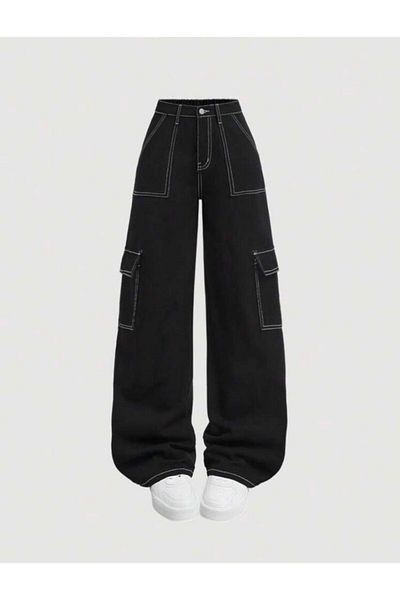 KOTOLOG Unisex Wide Leg White Stitched Cargo Pocket Trousers
