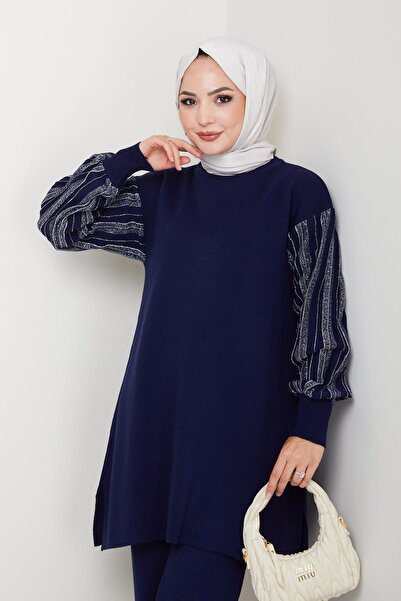 nacar çarşı Kadın Salaş Model Kolu Desenli Tesettür Lacivert Triko Tunik