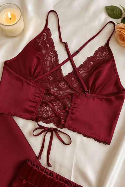 cdh çeyize dair herşey Burgundy Dream – Satin Dressing Gown 3 Piece Set