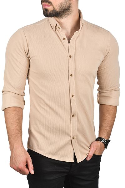 DeepSEA Camel Dotted Slim Fit Buttoned Lycra Long Sleeve Men's Shirt 2001810