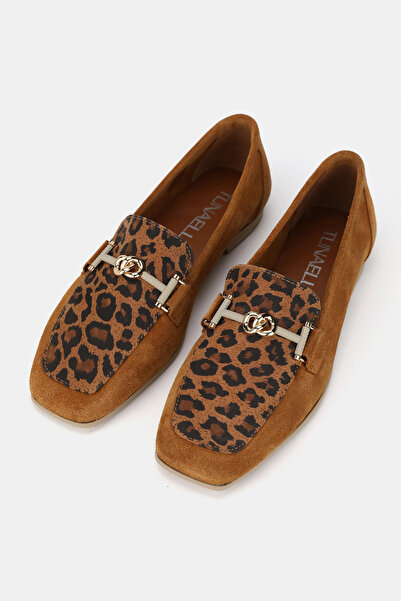 TUNAELLİ Women's Taba Suede Khaki Natural Leather 36-41 Number Leopard Patterned Buckle Ballet Flat
