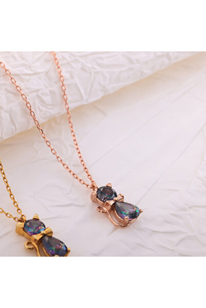 Craftique 925 Ayar Gümüş Pembe Altın Kaplama Zincir Üzerinde Taşlı Papyonlu K...