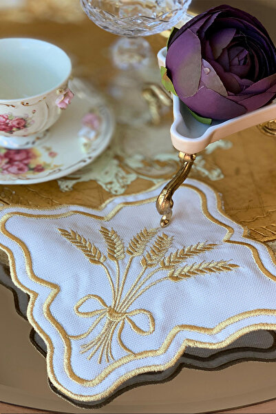 NAKIŞHAN Başak Keten Özel Nakışlı Kahve Sunumluk Peçete-Gold 6 Parça