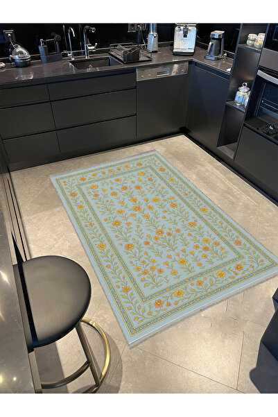 Rugs Modern Halı MOSSO Mavi Temalı Floral Çiçekler ve Bitkiler Desen Dokuma Taban Modern Dekoratif Halı mosso305mavi