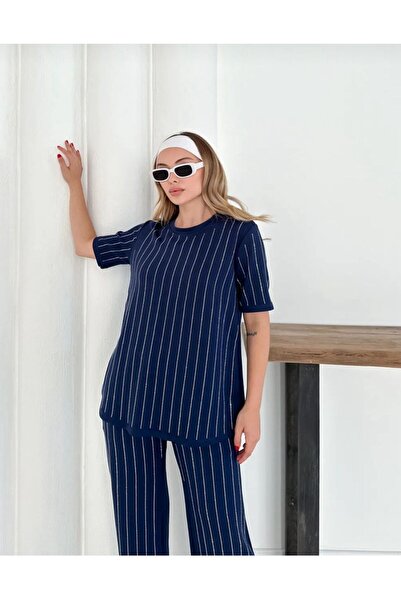 Aspendia بدلة قطن ممشط مخططة باللون الأزرق الداكن للنساء