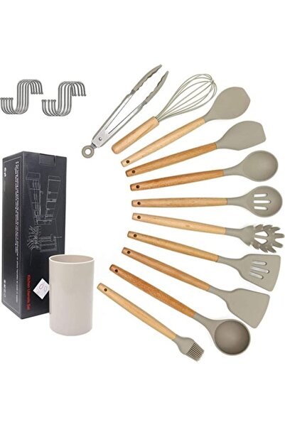 Generic مجموعة أدوات مطبخ XiuWoo من 11 قطعة بمقبض خشبي من السيليكون مع حامل و...