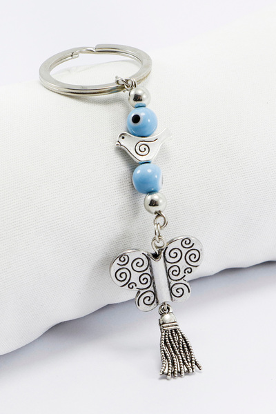 biuti Silver Colored Metal Tassel Blue Evil Eye Beaded Butterfly Keychain, Wreath Keychain
