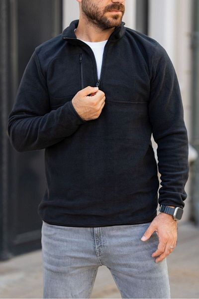 ManKlas Black Fleece Sweatshirt with Zipper Pocket Detail on Polar Half Zipper Chest