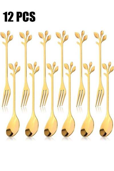 Generic 12 Pcs Stainless Steel Gold Leaf Coffee Spoon and Cake Fruit Forks Ki...