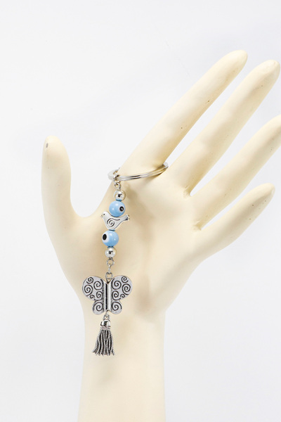 biuti Silver Colored Metal Tassel Blue Evil Eye Beaded Butterfly Keychain, Wreath Keychain