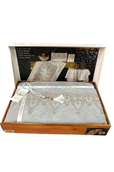 ROYAM Aktaş Gray French Lace Luxury Prayer Rug Set 5 Piece Dowry Bundle Bridal Set