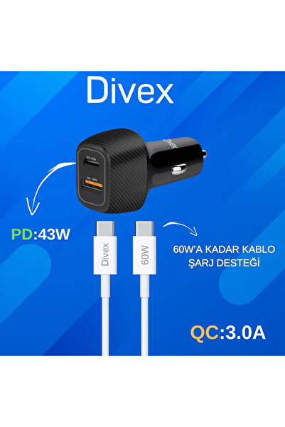 Divex DA-312 Araç Çakmaklık Uyumlu Hızlı Şarj Cihazı PD 43W + Type-C Kablo He...
