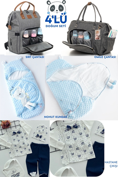 Allmart 4-Piece Birth Set (Snap Fastener Chickpea Swaddle, Baby Care Backpack and Shoulder Bag, 100% Cotton Hospital Release)