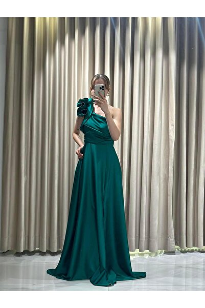 Kaleiçi Yıldızlar Yeşil Tek Omzu Detaylı Önü Drapeli Balık Model Önden Yırtmaçlı Abiye Elbise RD8246