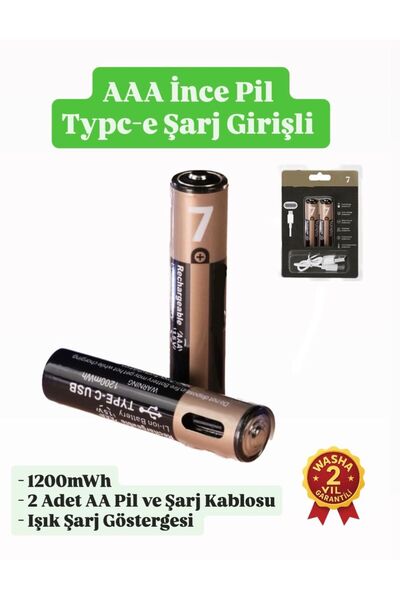 İnce Pil AAA Pil USB Type-C Kablo ile Şarj Edilebilir Lityum 2'li İnce Pil 1.5V AAA / 1200mWh