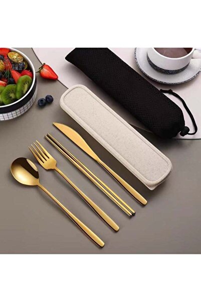Generic Cutlery Set – Golden Knife | Spoon | Fork | Chopsticks | 4-in-1 Stain...