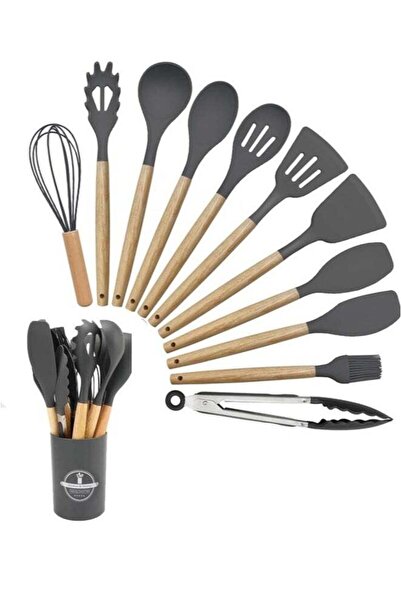 Generic مجموعة أدوات المطبخ ACLIX، 12 قطعة من أدوات السيليكون، أواني طهي مقاومة للحرارة مع حامل، يد خشبية