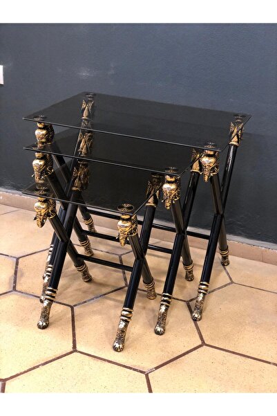 Dora Art Fil Başı Figürlü Üstü Camlı Zigon Sehpa Takımı