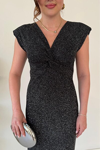 MaziButik Knot Detail Glitter Dress Black