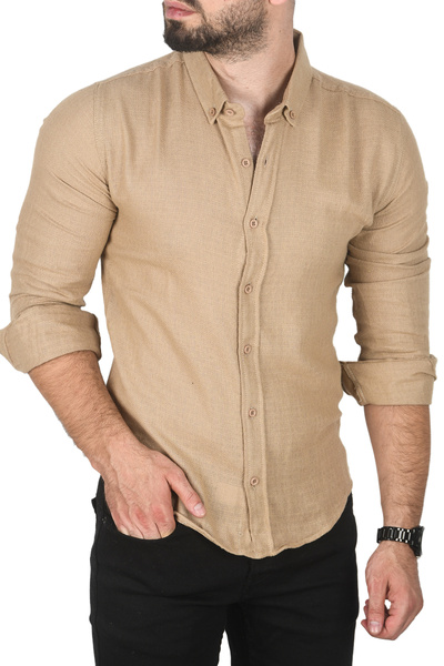 DeepSEA Men's Beige Slim Fit 100% Cotton Linen Shirt Slim Fit Textured Linen Shirt 2501302