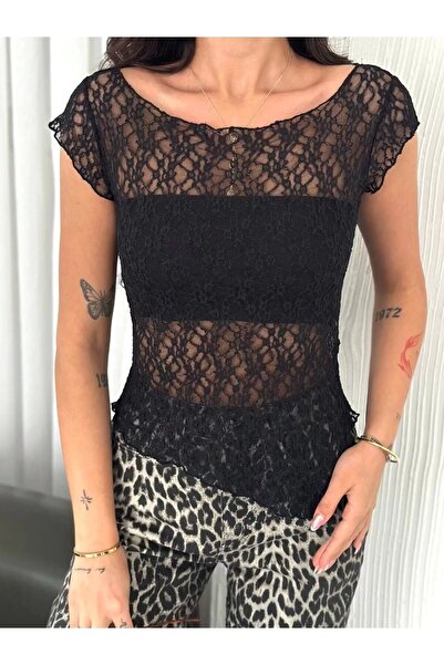 bysoca Bluză crop transparentă din dantelă croială Fisto, neagră, cu gât barc...