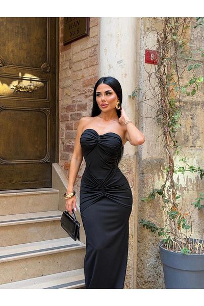 sajarsln Saja Rsln Diver Fabric Lycra Strapless Gathered Long Dress