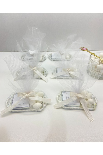 Defne Sepeti Mini Gümüş Renk Tepsi Çikolata Badem Şekerli Söz Düğün Nikah Mev...