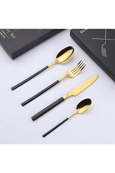 Generic 4-Piece Premium Cutlery Set - Black/Gold Stainless Steel Utensils wit...