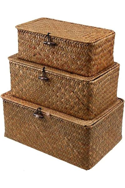 genric FFD Woven Storage Basket with Lid Storage Box Bins Handwoven Rattan Basket For Home 3pcs Set