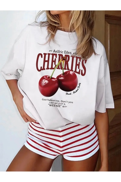 FUFLUNS تي شيرت برقبة دائرية للجنسين مطبوع عليه الكرز