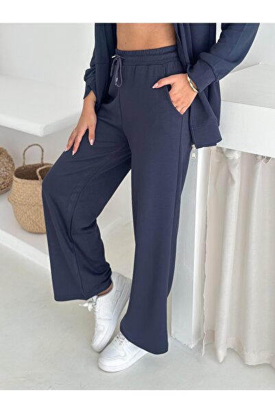 sportiness Hooded Zippered Wide Leg Modal Fabric Tracksuit Set