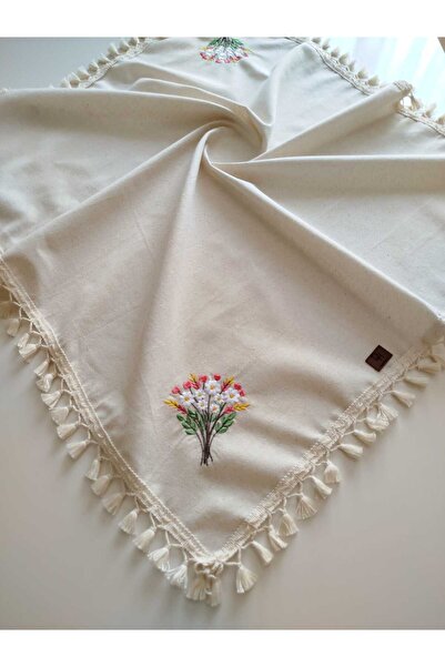 denizli hatırası Soft Organic Authentic Double Sided Embroidery Embroidered 95X95 cm Fringed Linen Tablecloth