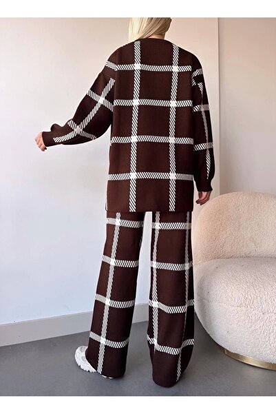 BEEMU Plaid Knitwear Suit Coffee-White