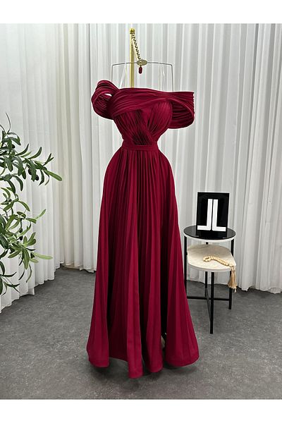 Afnan Boutique Dark red off-the-shoulder evening dress.
