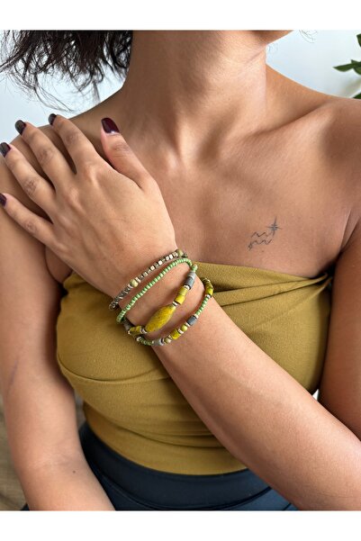 dela otantik Çok Katmanlı Yeşil ve Sarı Boncuklu Bileklik – El Yapımı Otantik Bohem Etnik Tarz Bıjuteri Takı