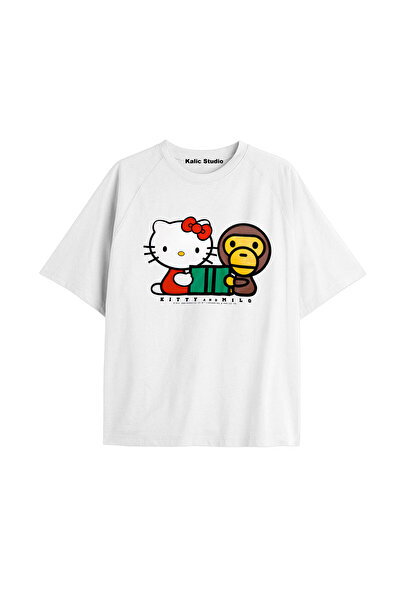Kalic Studio Tricou oversize Hello kıtty și bape milo Alb