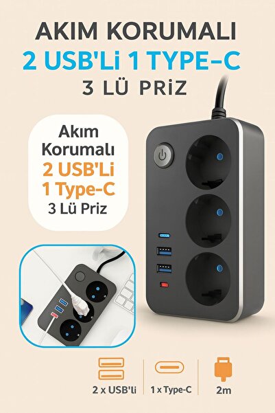 Brawi ermal Akım Korumalı 3’lü Priz & USB Şarj İstasyonu (2 USB + 1 Type-C, 2m Kablo, LED Anahtarlı)