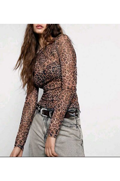 Mefa basic Leopar desenli yarım balıkçı yaka transparan tül bluz