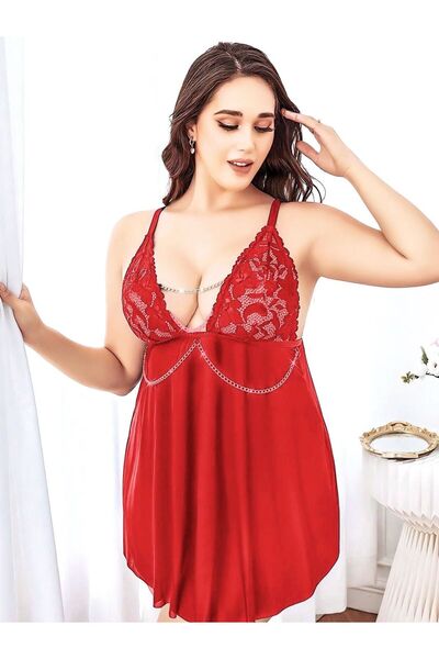 ANWELLA Plus Size Red Strap Lace Detailed Chiffon Nightgown