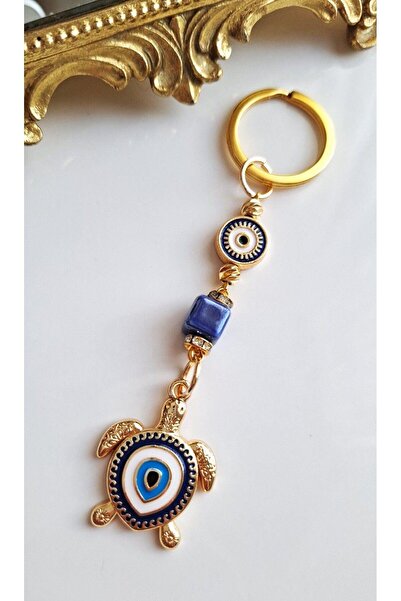 Svc Aksesuar Luxury Gift Zircon Stone Evil Eye Beaded Navy Blue Keychain with Turtle Detail